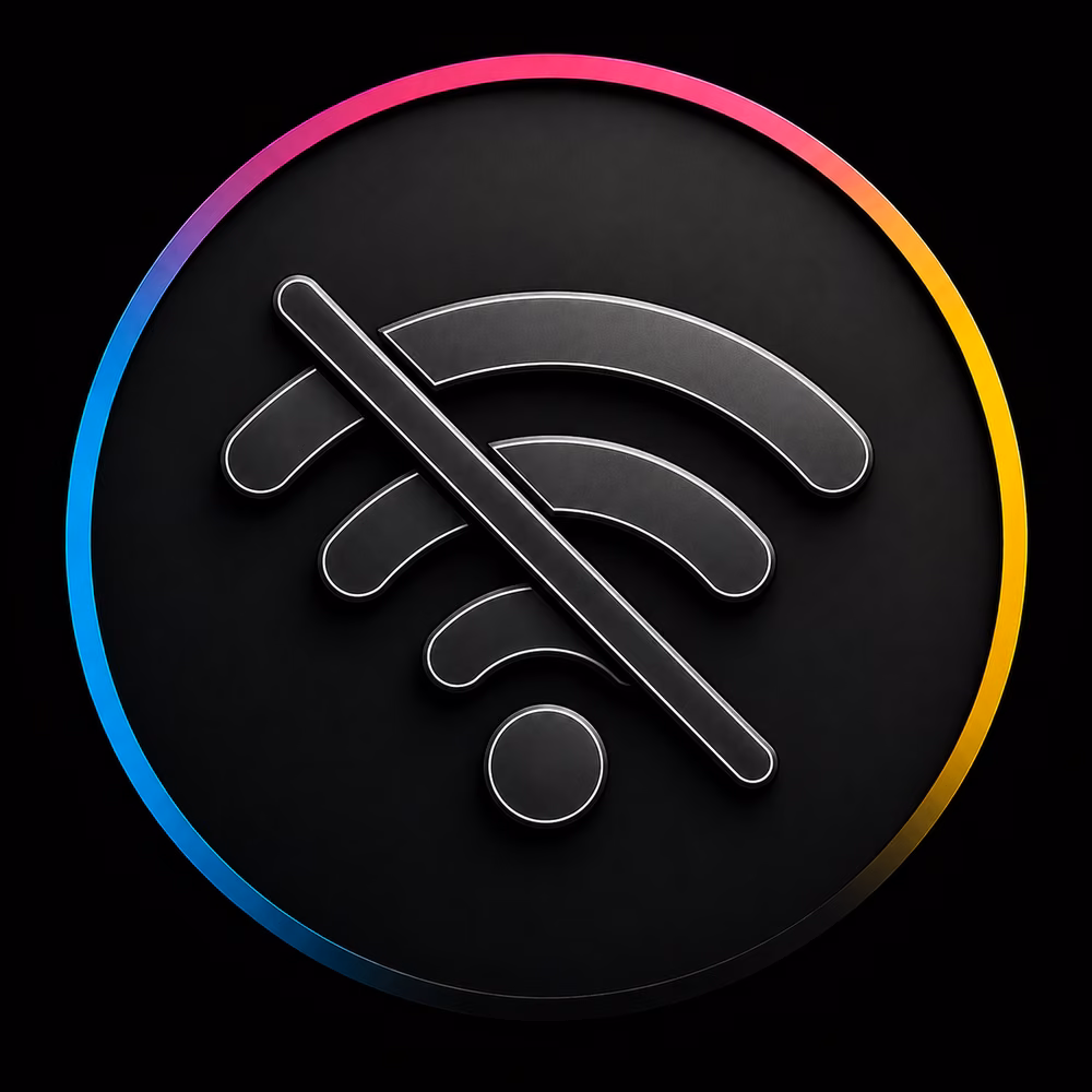 Offline badge — a crossed-out wireless symbol ringed in CMYK colors