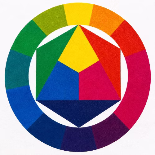 A real CMYKForge test print of the color wheel, cut out on a plain background
